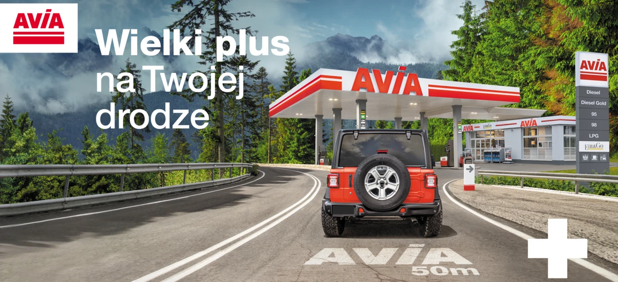 "Polish language advertising for AVIA fuels. Choose from Diesel, Diesel Gold, 95, 98, LPG, and Fat&Go options. Keep your engine running smoothly with AVIA."