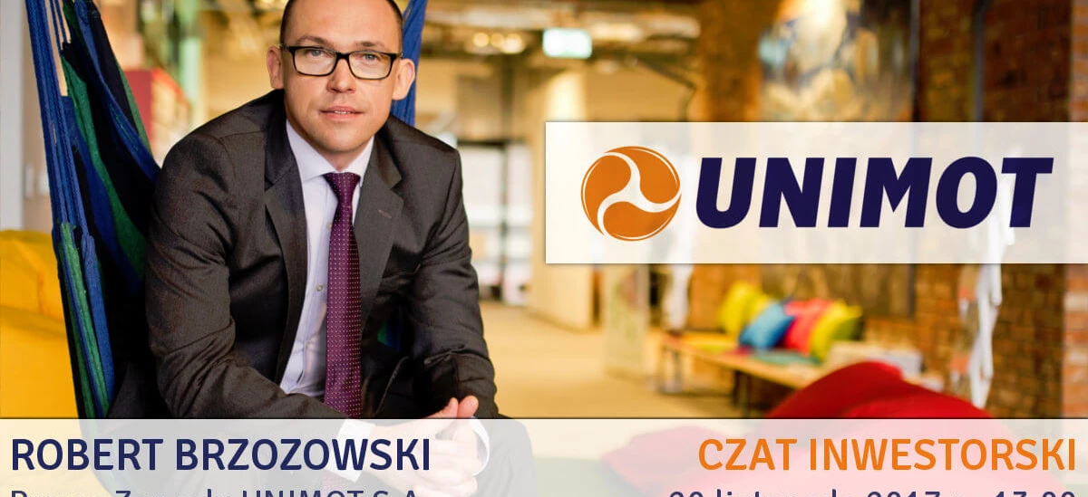 Alt-text: Banner advertising featuring UNIMOT CEO Robert Brzozowski in a business suit, promoting an upcoming investor chat event.