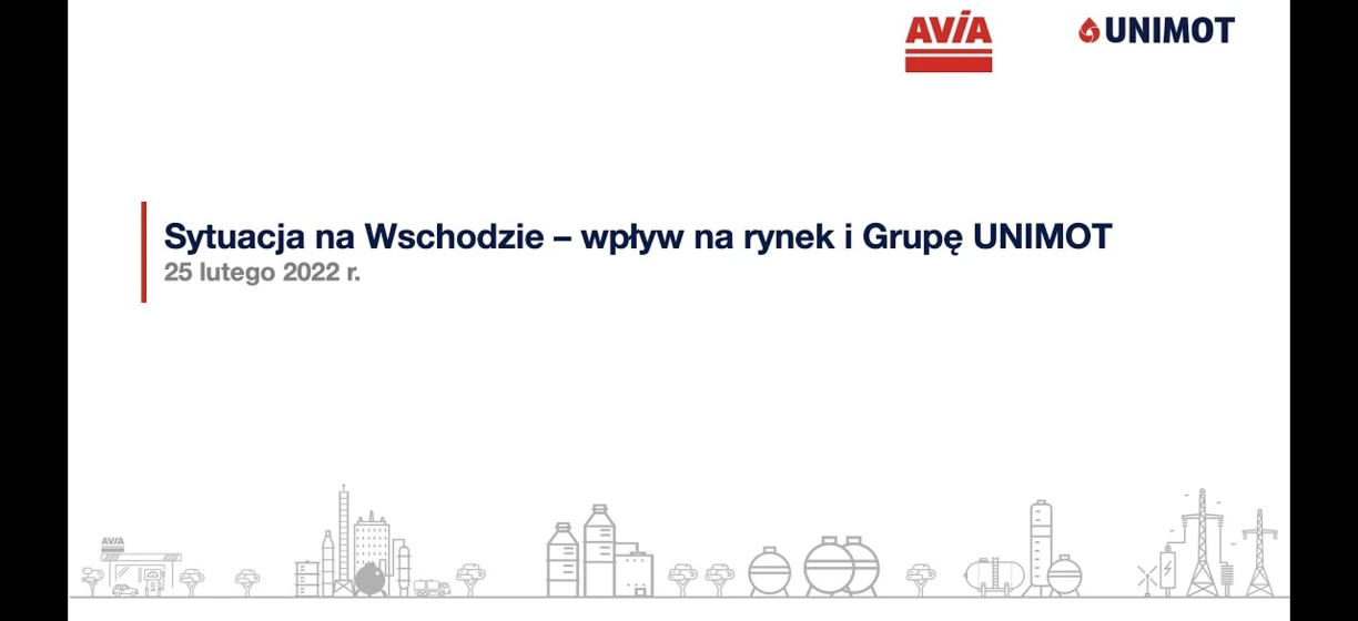 Tekst alternatywny obrazu: Loga AVIA i UNIMOT z tekstem omawiającym wpływ sytuacji na wschodzie na rynek i Grupę UNIMOT w dniu 25 lutego 2022 roku.
