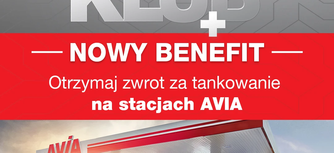 Advertising banner for AVIA with the logo prominently displayed. Promoting new benefits at AVIA gas stations including coffee for 2.49 PLN and rewards for refueling.