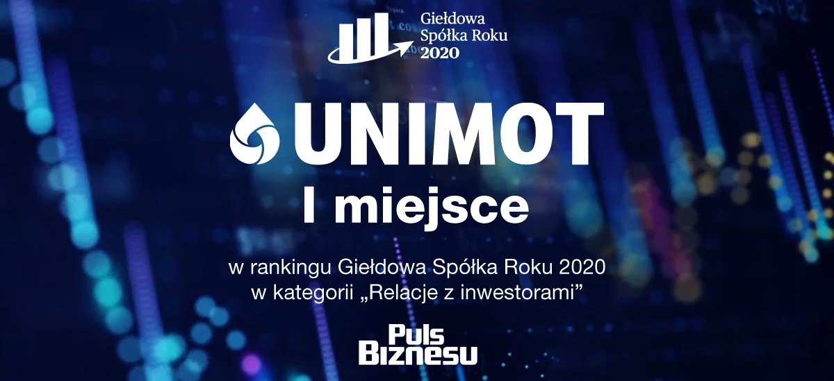 Graphic design poster showcasing the UNIMOT logo as the winner of the 2020 Stock Company of the Year award for Investor Relations. $41.82 stock price highlighted.