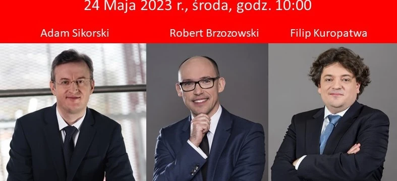Trzech biznesmenów w formalnych ubraniach dyskutuje wyniki finansowe podczas wideokonferencji. Tytuł: Zaproszenie do rozmowy z Zarządem - omawianie wyników finansowych Grupy UNIMOT. 24 maja 2023, środa, godzina 10:00.