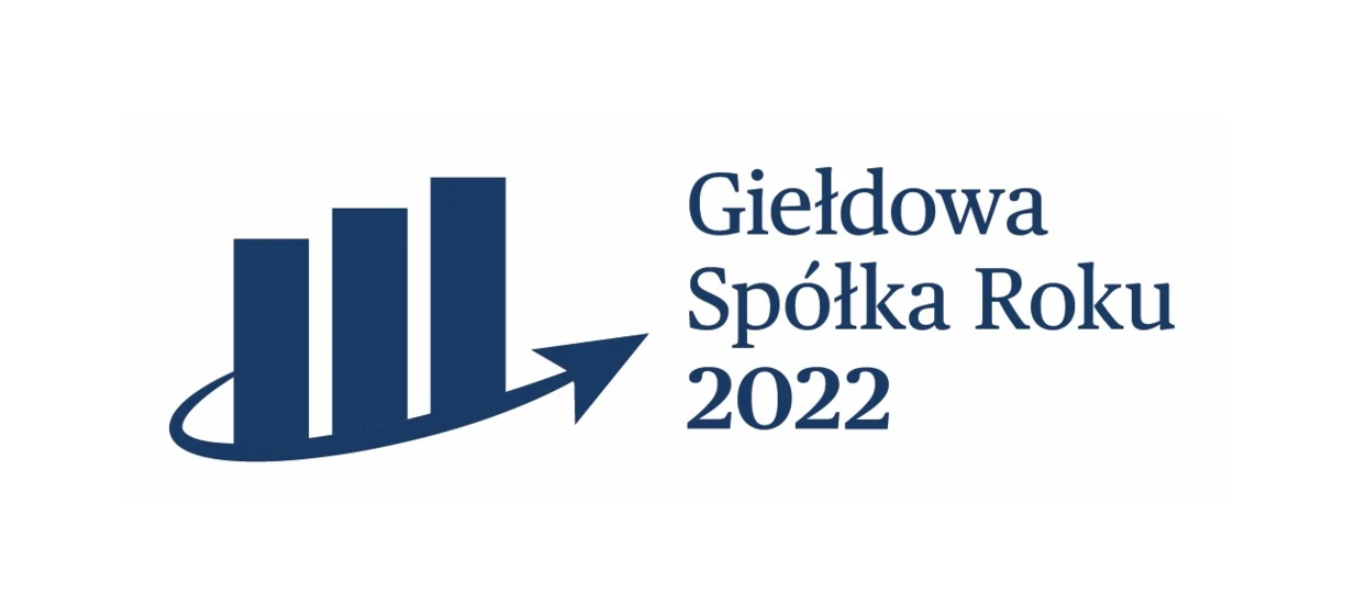 Obrazek przedstawia pięknie zaprojektowaną grafikę z tekstem napisanym elegancką czcionką, prezentującą tytuł "Giełdowa Spółka Roku 2022" dla nagrody w dziedzinie grafiki.